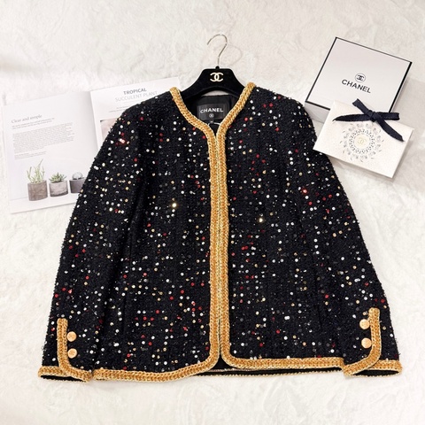 CHANEL 22S Runway 黑色彩片Tweed Jacket Size38