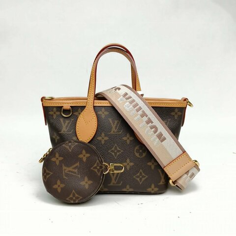LOUIS VUITTON NeverfullBB可拆卸米棕寬肩帶老花金扣晶片肩背包