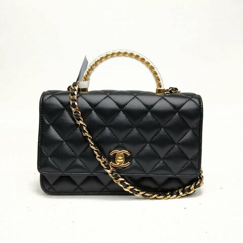CHANEL 黑色羊皮革晶片開金扣24SCFwoc黑金亞克力肩背包