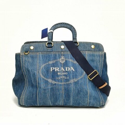 PRADA 沙灘包復古印花大號藍色牛仔布肩背包