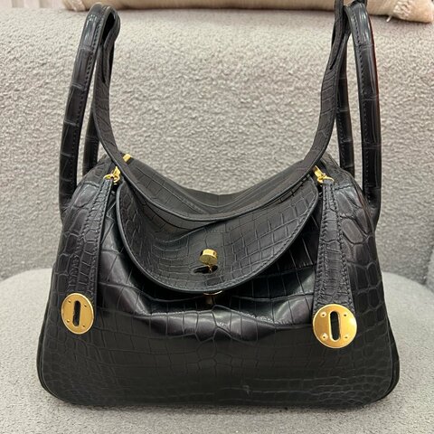 Hermès Lindy 26 黑色 兩點鱷魚 金扣