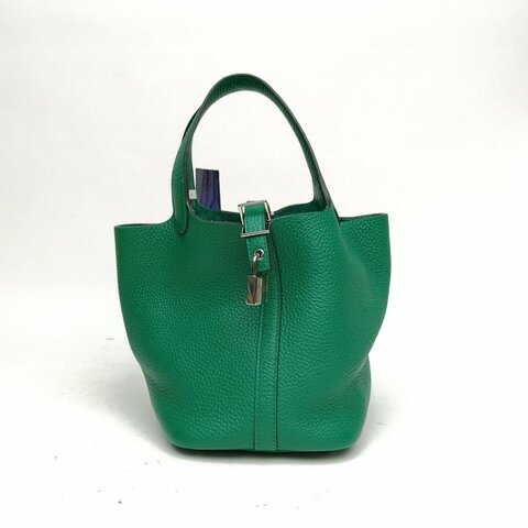 HERMES Picotin18菜籃子絲絨綠TC皮W刻銀扣肩背包