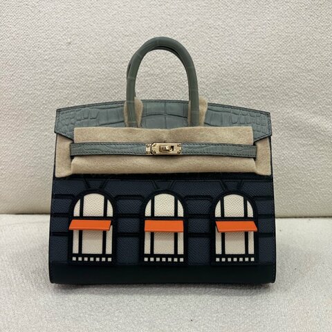 Hermès Birkin 20 灰色 Epsom皮拼Madame皮拼Swift皮拼方塊鱷魚 淡金扣