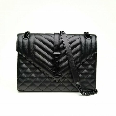 SAINT LAURENT Envelope絎縫紋理信封包中號黑色荔枝牛皮黑扣肩背包