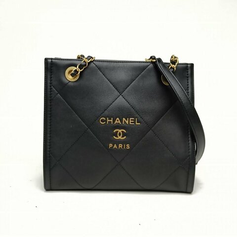 CHANEL CF季節款21秋冬托特包小號黑色牛皮革晶片金扣肩背包