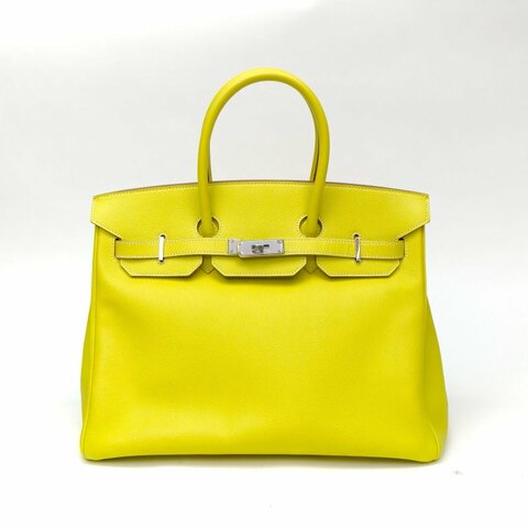 HERMES Birkin35檸檬黃Epsom皮框N銀扣肩背包