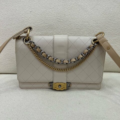 Chanel 菱格翻蓋包 白色 牛皮 金銀雙色鏈條