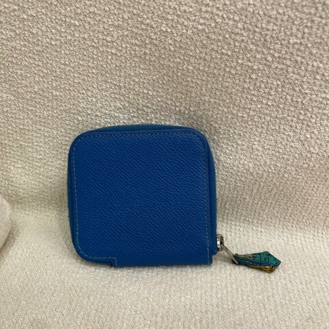 Hermès Silk In 真絲零錢包 藍色 Epsom皮 銀扣