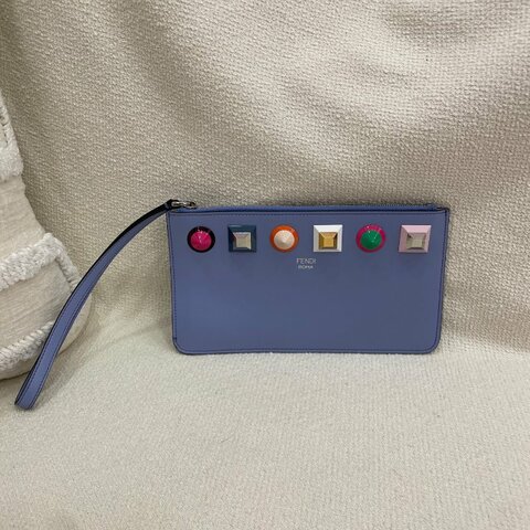 Fendi 積木手拿包 藍色 牛皮 銀扣