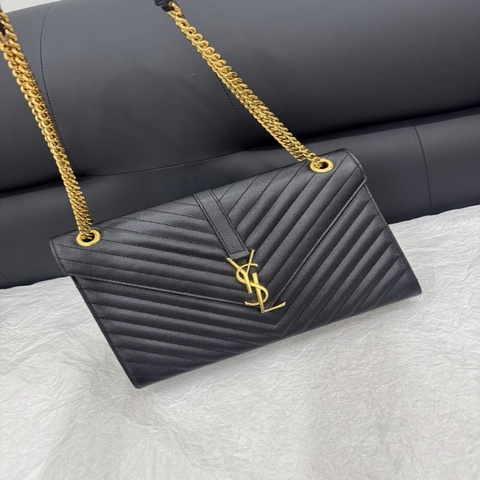 YSL聖羅蘭黑金荔枝V紋信封包大號