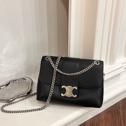 CELINE B-SL-4223 黑皮革銀扣Victoire側肩背 中號