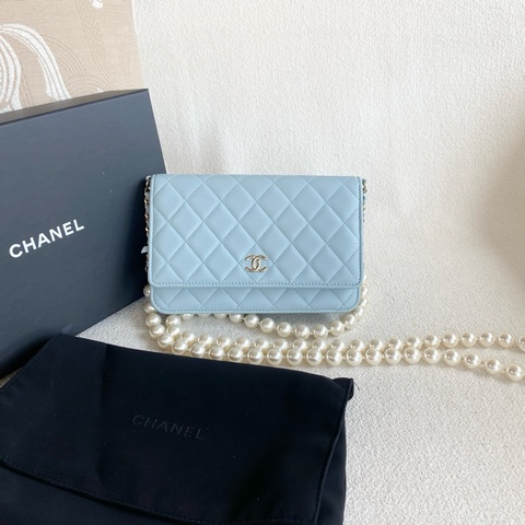 Chanel香奈兒珍珠woc鏈條包 芯片款 藍色金扣 羊皮