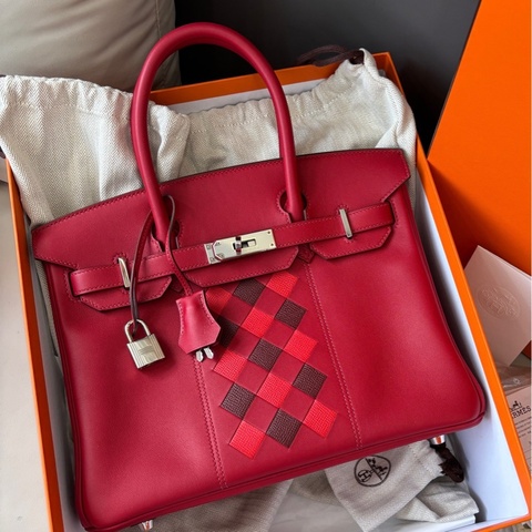 愛馬仕Hermes 5X辣椒紅銀扣Birkin30，限量編織款，D刻，swift皮