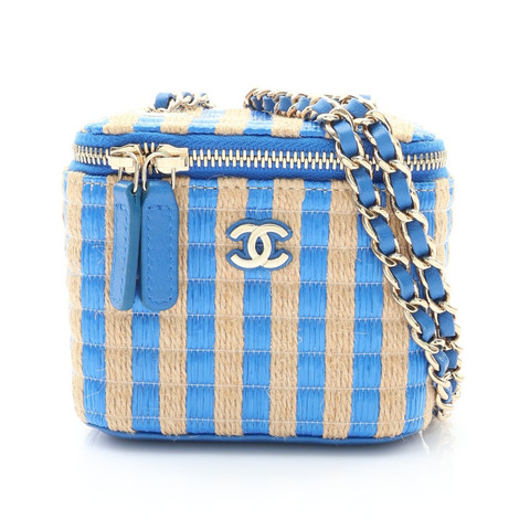 CHANEL 香奈兒 Mini Vanity 肩背包 藍色 拉菲草 羊皮 無卡