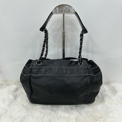 Chanel 香奈兒 黑色 Lax Accordion 壓紋 牛皮 單肩包 9開