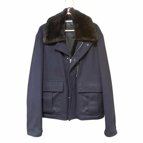 【美收精品】hermes 深藍色毛領羊毛夾克外套 5-847【隔月月中將轉賣至日本 上架期限30天】