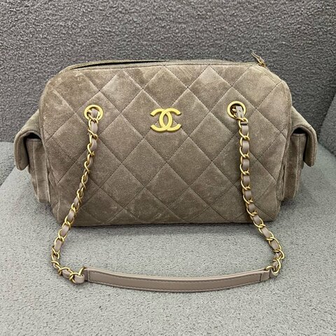 Chanel 25K 菱格紋保齡球包 灰棕色麂皮 金扣