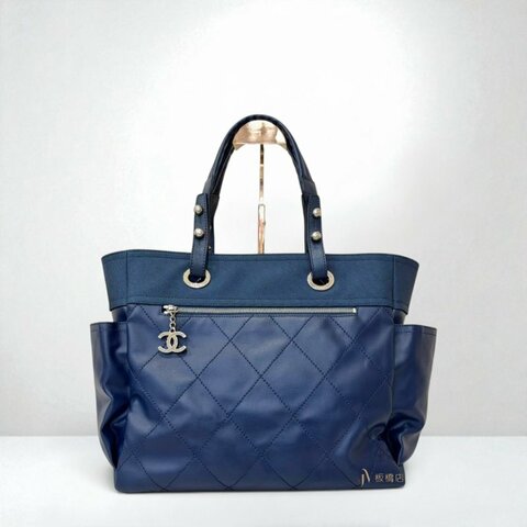 JS1545-CHANEL 藍牛皮拚帆布 Biarritz 比亞里茲肩背包