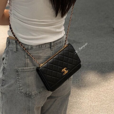JS1594-CHANEL 黑羊皮玫瑰金釦Trendy cc woc A80982