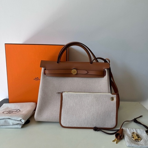 🐎 Hermes/愛馬仕 herbag31金棕金扣帆布 手提包單肩包斜挎包