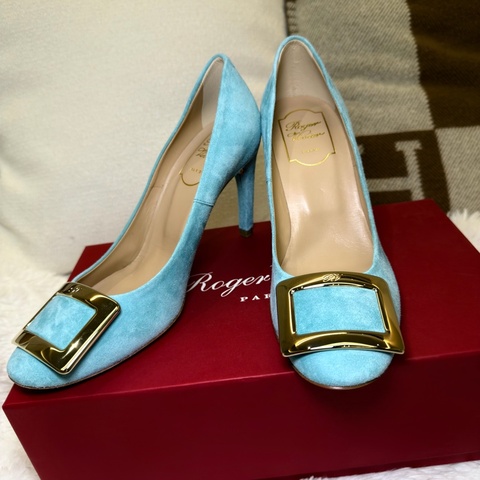 Roger vivier/ Belle De Nuit 85 綠松石藍麂皮高跟鞋