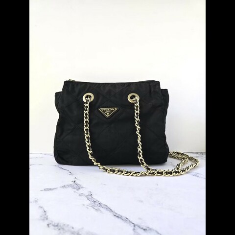 【LA LUNE】絕版古董包 Prada 黑色金標托特包 側背包 單肩包 斜背包 肩背包 中古包 二手