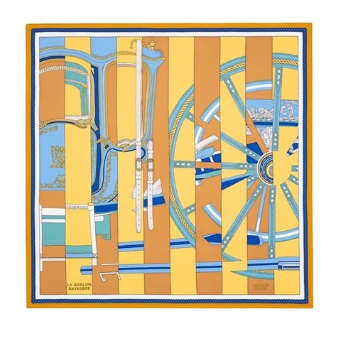 HERMES 愛馬仕 “條紋版柏林馬車”90X90 絲巾 橘色 全新