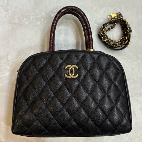 CHANEL COCO Handle蜥蜴皮菱格紋雙C保齡球包
