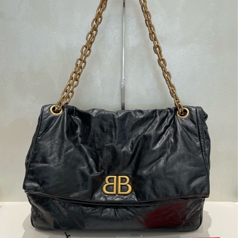 99新Balenciaga巴黎世家 monaco 黑金  油蠟皮大號 鏈條包