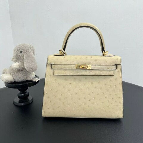Hermès Kelly 25 Ostrich White Parchment (3C) (GHW)