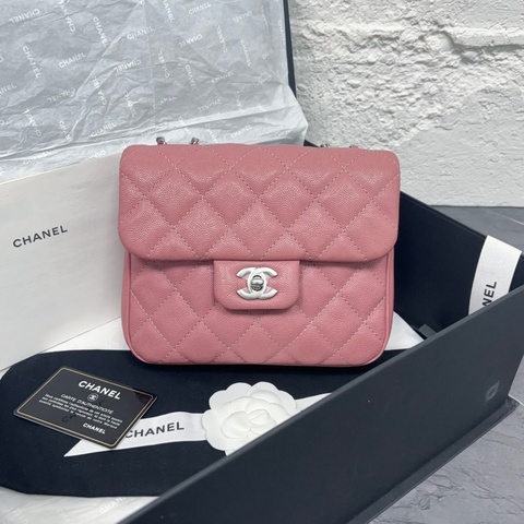 99新 Chanel香奈兒 季節款方胖子粉色荔枝牛有卡