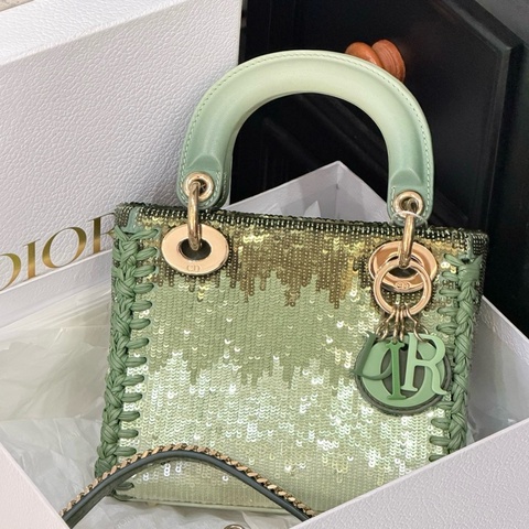 Dior迪奧 綠色亮片漸變戴妃三格手提包斜挎包 金扣