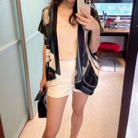 HERMES 頂級真絲絲巾拼接短袖罩衫