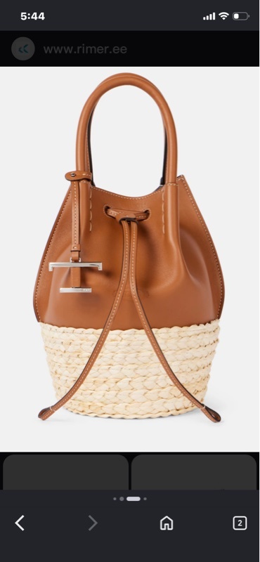 Tod's T Timeless-logo 棕色皮革拼接拉菲草水桶包