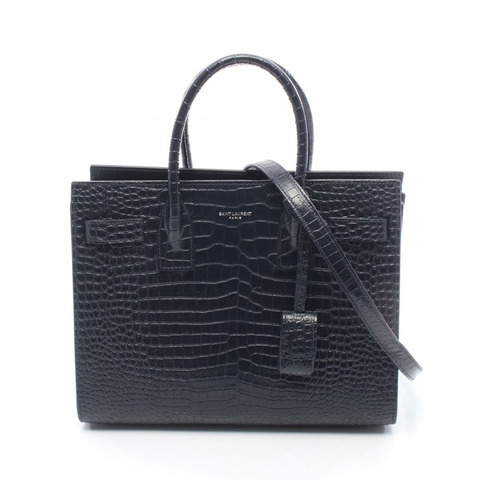 SAINT LAURENT PARIS Sac de Jour Baby 鱷魚紋壓花兩用手提包 421863 皮革 海軍藍 二手 女士