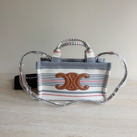 CELINE 賽琳 CABAS THAIS小號藍紅條紋織物托特包 底長25cm。