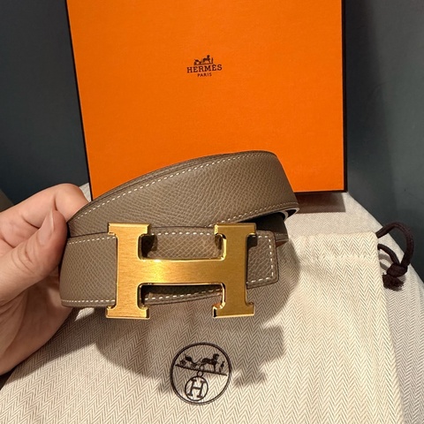Hermes 愛馬仕 H釦頭 大象灰拼金棕 雙面皮帶 105