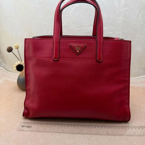 正品 Prada 紅色十字紋手提斜挎托特包