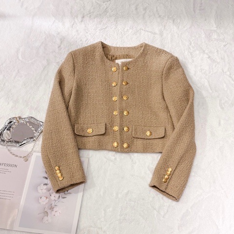 Celine 2022SS Tweed Jacket 卡其色圓領金扣短外套