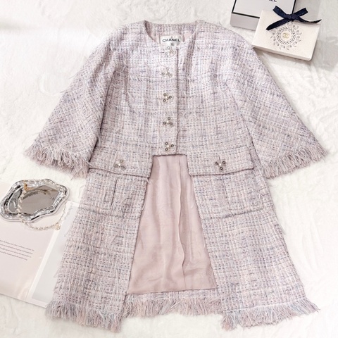 CHANEL 18P Tweed Jacket 紫藍混色流蘇長款外套