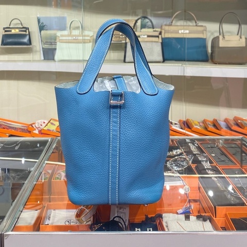 愛馬仕 Hermes 菜藍子18 75牛仔藍 銀扣Tc 皮