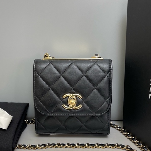 Chanel香奈兒 Trendy CC 迷你黑金全皮菱格鏈條包