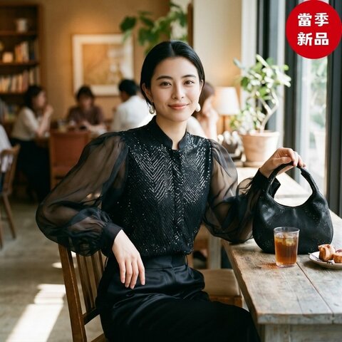 ⏰當季全新品 專櫃23萬9千4🌺Giorgio Armani 絲緞襯衫 真絲歐根紗袖水鑽裝飾 黑色 IT 40/42