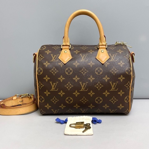 LV路易威登 Speedy25老花肩帶款枕頭包 18年編碼