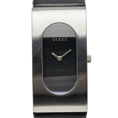 Gucci 2400L 石英錶，黑色錶盤，不鏽鋼錶帶，女式真皮腕錶