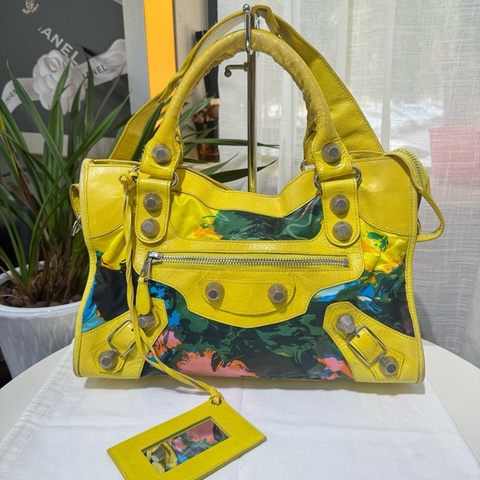 💛 Balenciaga巴黎世家 黃色機車包限量款 花卉city 中號 手提包單肩包斜挎包
