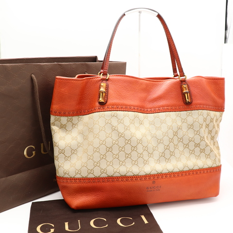 Gucci  Laidback Crafty Tote 橘色 老花 帆布拚皮 竹節 手提包 肩背包