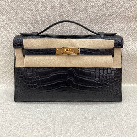 Hermès Mini Kelly I 黑色 方塊鱷魚 金扣