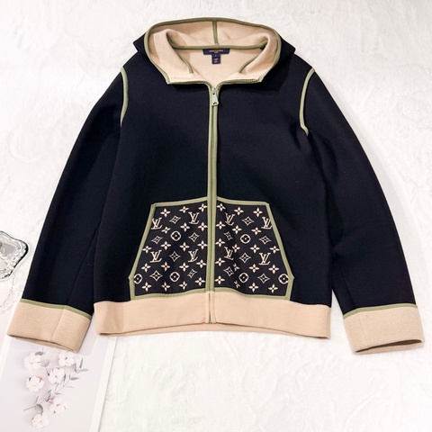 LV LOUIS VUITTON 黑綠老花連帽拉鏈外套