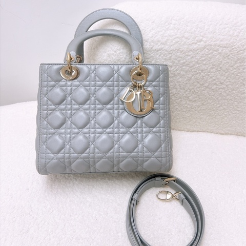 Dior lady dior 五格中號珠光灰色 黛妃包